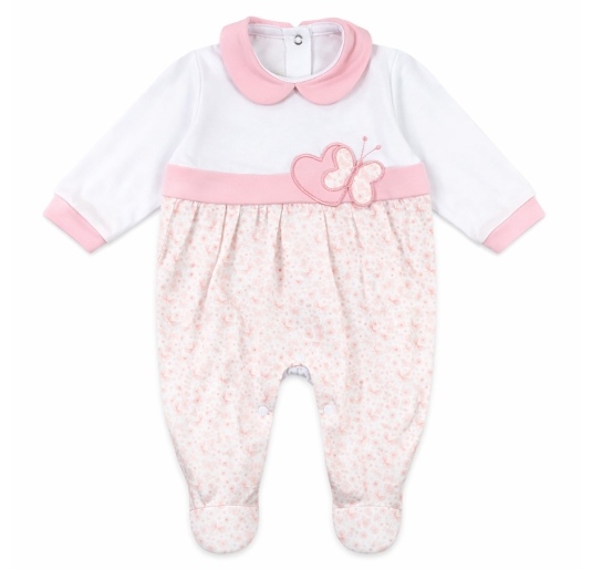 Tutina neonata cotone rosa con farfalla ricamata e stampa floreale