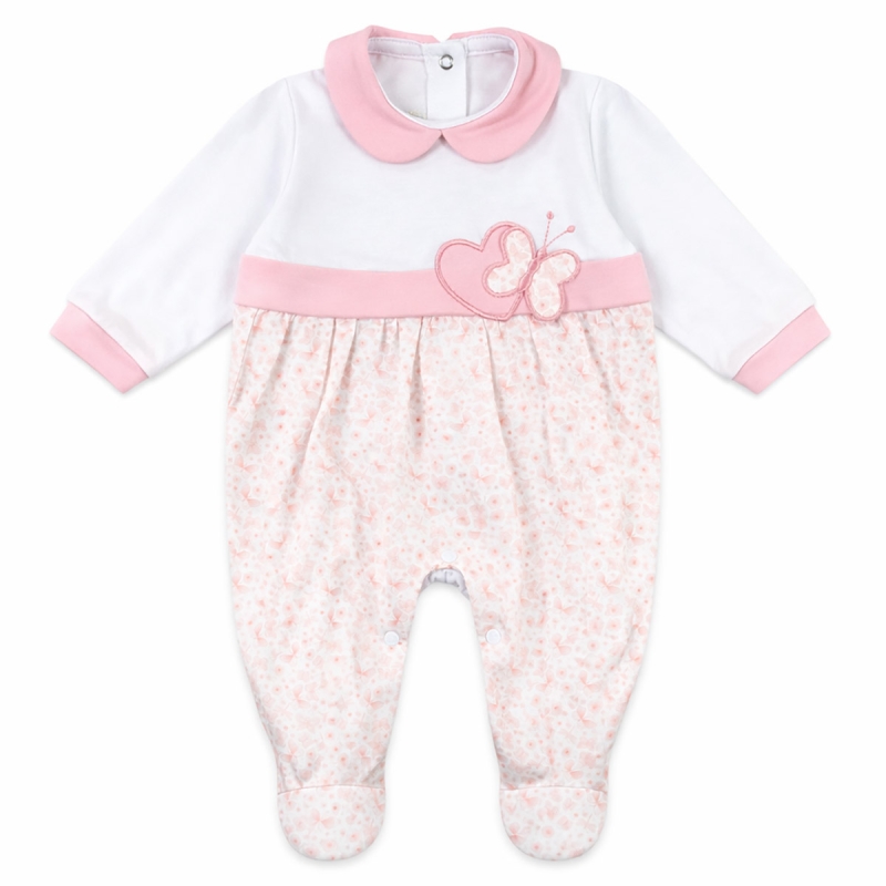Baby cotton romper pink with butterfly embroidery and floral print