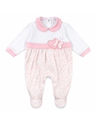 Baby cotton romper pink with butterfly embroidery and floral print