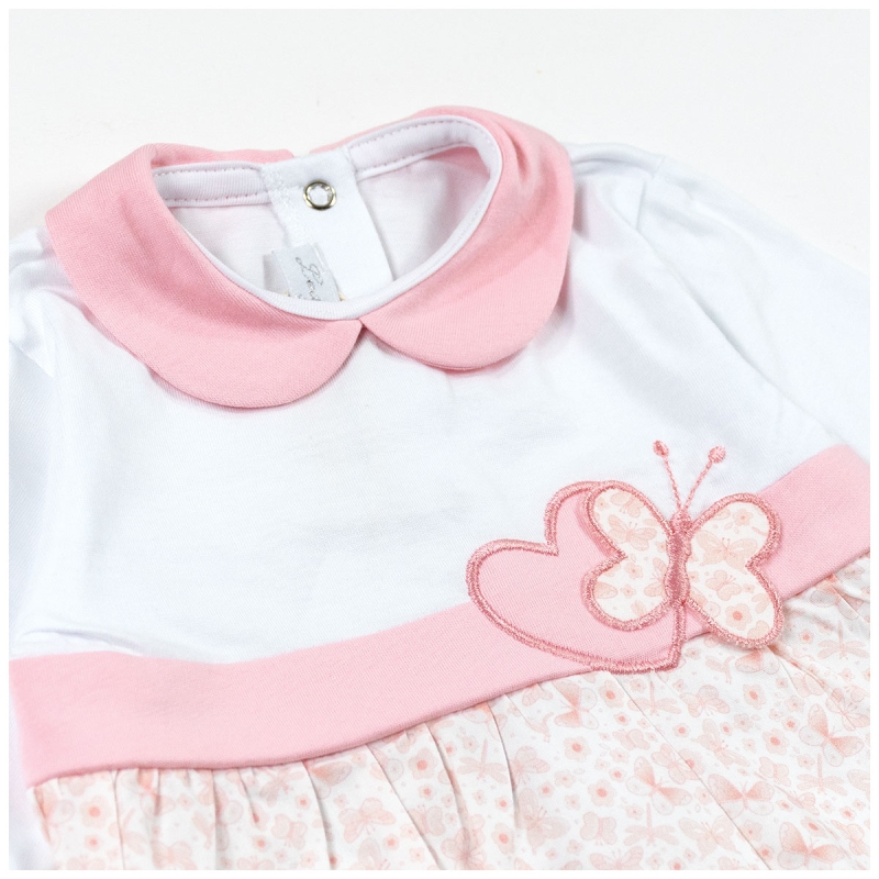 Tutina neonata cotone con colletto rosa e dettaglio farfalla