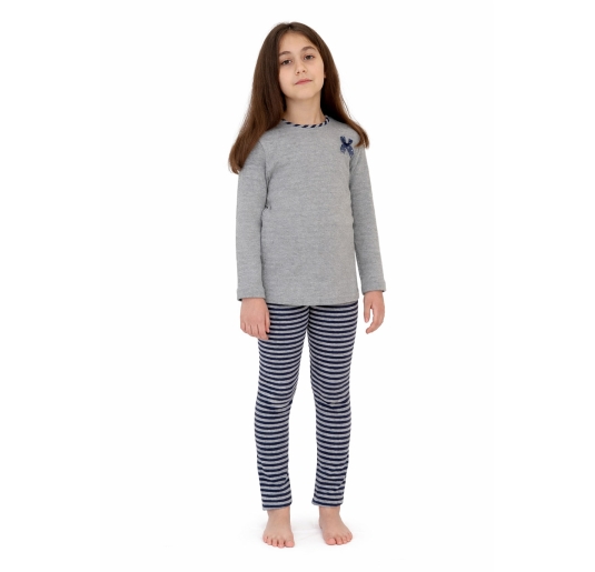 Pigiama bambina caldo cotone punto Milano con maglia grigia e leggings rigati