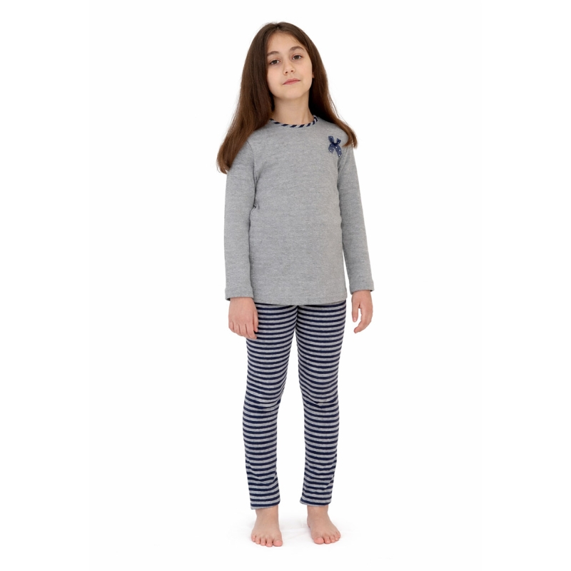 Pigiama bambina caldo cotone punto Milano con maglia grigia e leggings rigati