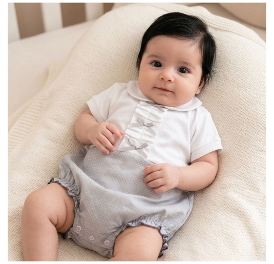 Baby girl piqué cotton romper with bows and elegant collar 2