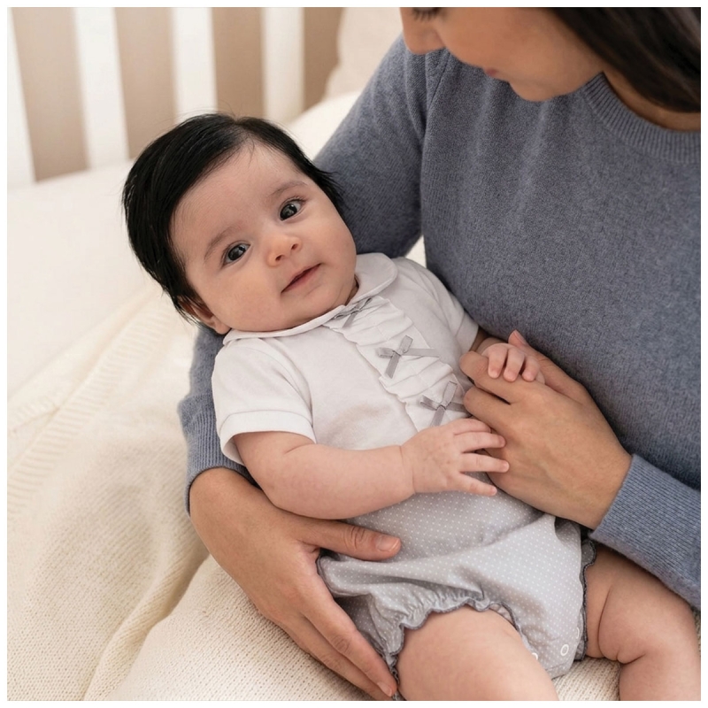 Pagliaccetto neonata elegante in cotone piquet con fiocchi decorativi