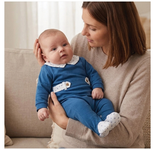 Tutina neonato cotone jersey blu Klaiadì con colletto fantasia 2