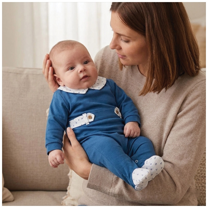 Baby cotton jersey sleepsuit blue with nautical anchor details Klaiadì