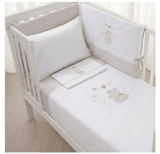 Cot duvet cover set embroidered cotton with teddy bear and bees Dolci Sogni