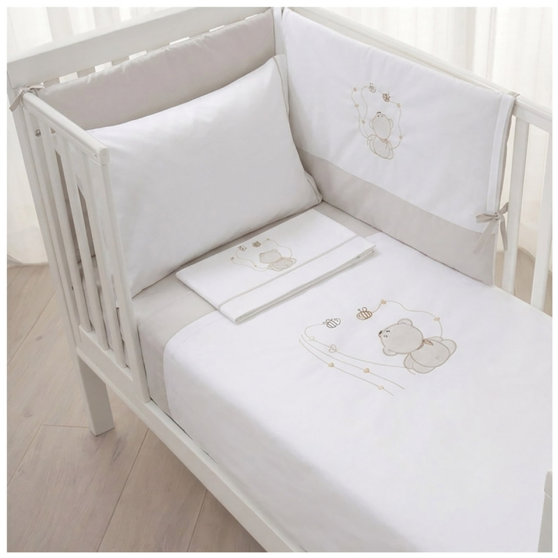 Cot duvet cover set embroidered cotton with teddy bear and bees Dolci Sogni