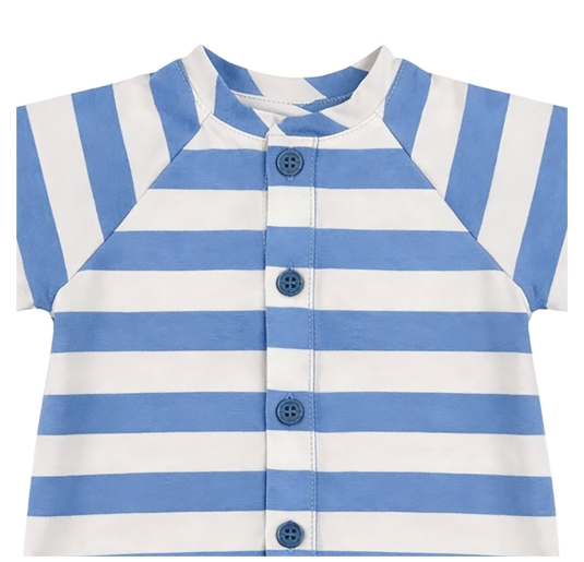 Baby romper in cotton with blue and ecru stripes 2