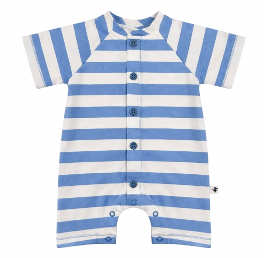 Baby romper in cotton with blue and ecru stripes