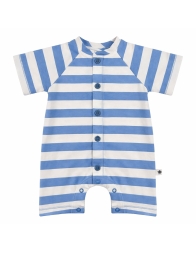 Baby romper in cotton with blue and ecru stripes