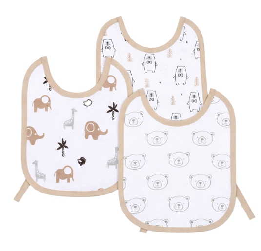 Baby bibs in cotton with bear prints and ties on white background
