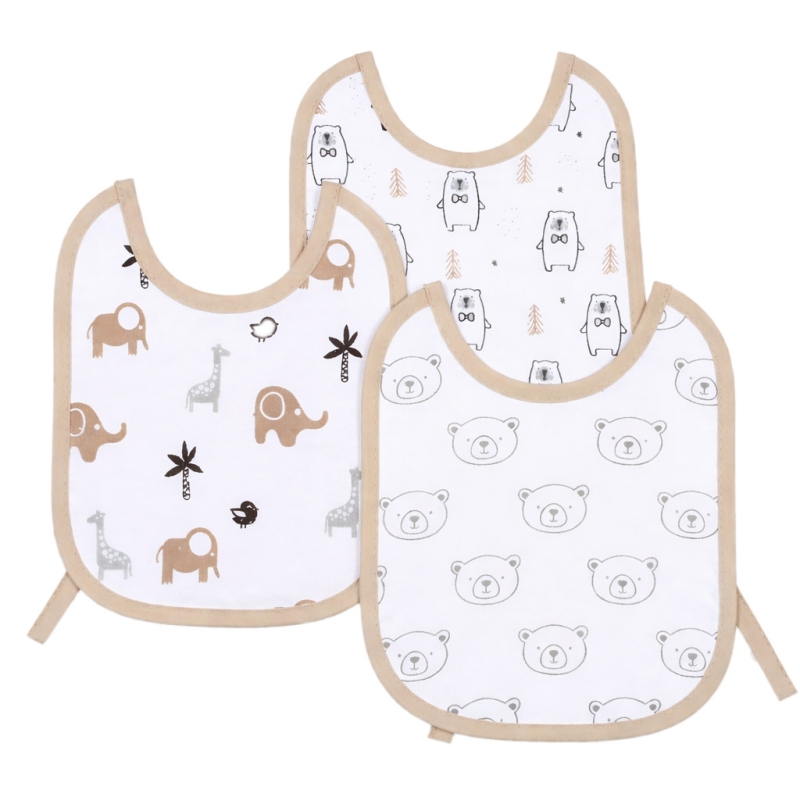 Baby bibs in cotton with bear prints and ties on white background