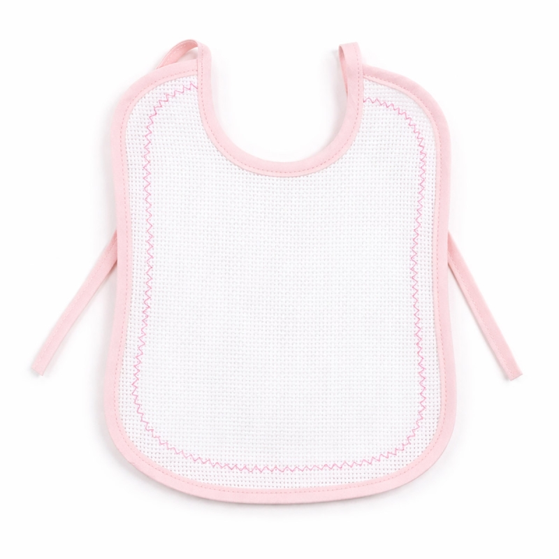 Baby bib cotton embroidery with aida fabric and pink trim