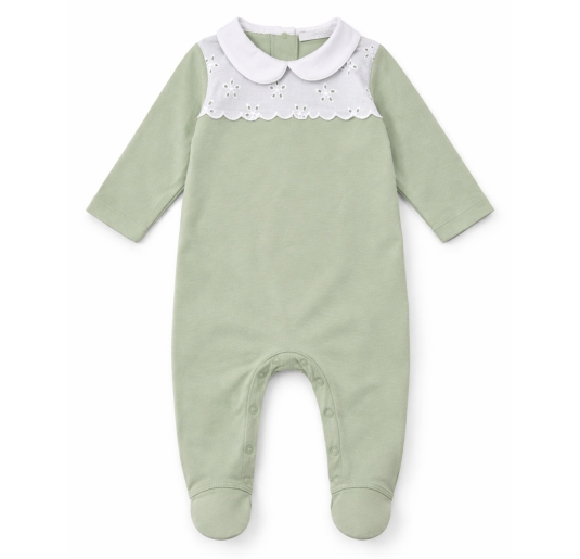 Tutina neonata cotone jersey salvia con colletto e ricamo San Gallo