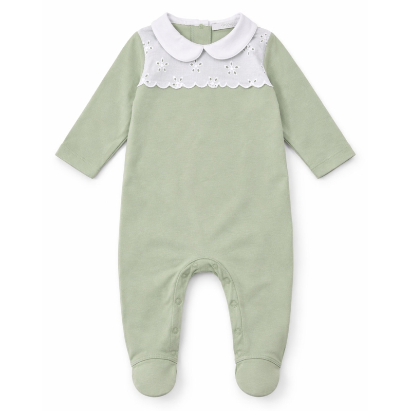 Tutina neonata cotone jersey salvia con colletto e ricamo San Gallo