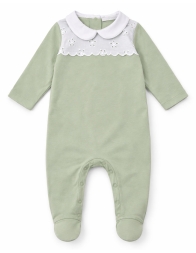 Baby girl sleepsuit cotton jersey sage with collar and San Gallo embroidery
