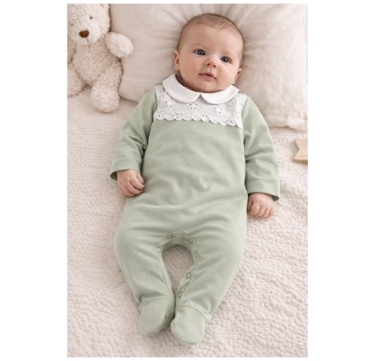 Tutina neonata cotone jersey salvia con colletto e ricamo San Gallo 2