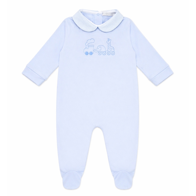 Tutina neonato cotone jersey azzurra con ricamo trenino Coccode