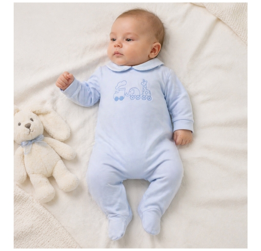 Tutina neonato cotone jersey azzurra con ricamo trenino Coccode 2