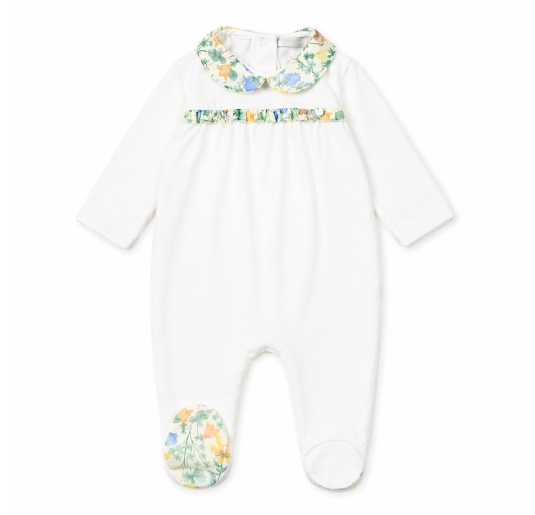 Tutina neonata cotone jersey bianca con colletto Liberty floreale