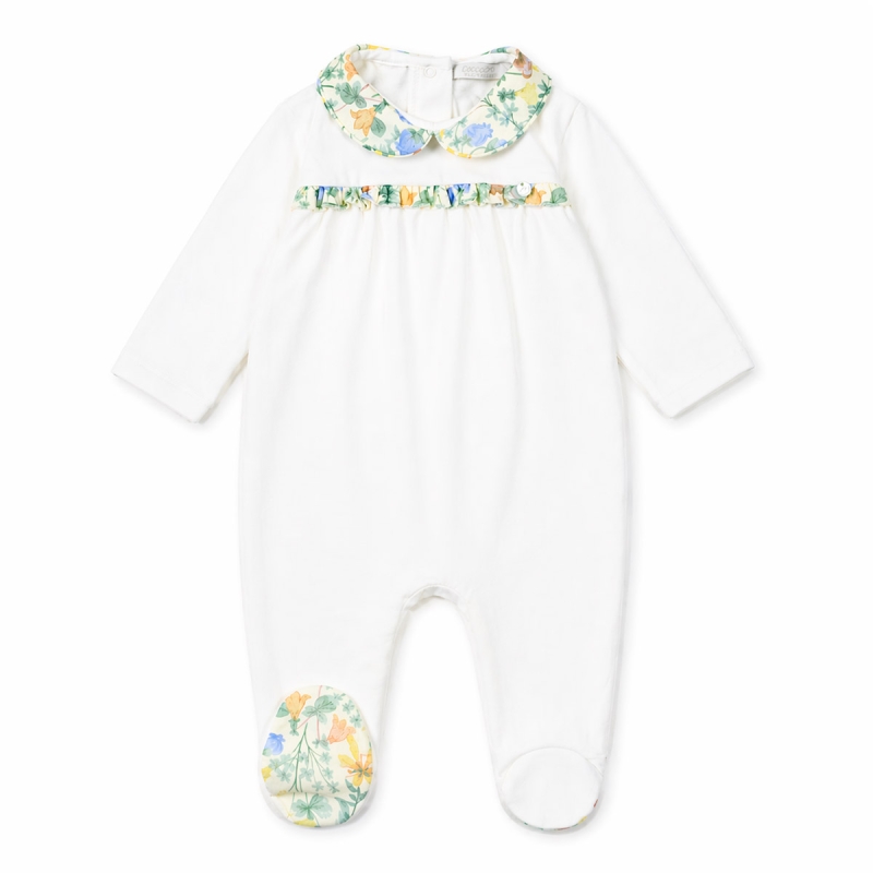 Tutina neonata cotone jersey bianca con colletto Liberty floreale