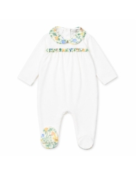 Baby girl cotton jersey sleepsuit white with Liberty floral collar