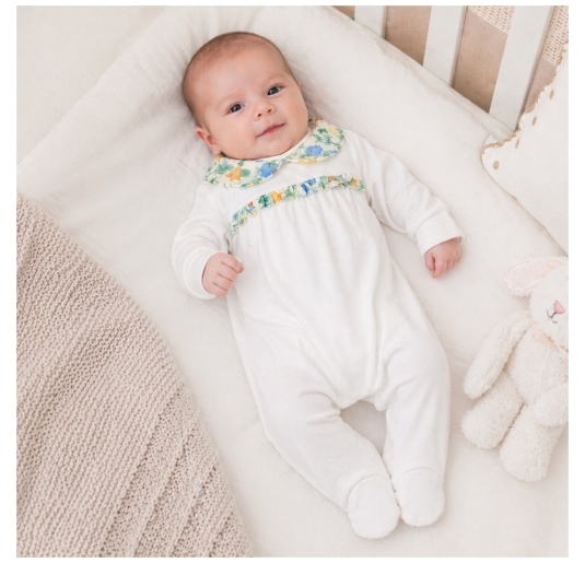 Baby girl cotton jersey sleepsuit white with Liberty floral collar 2