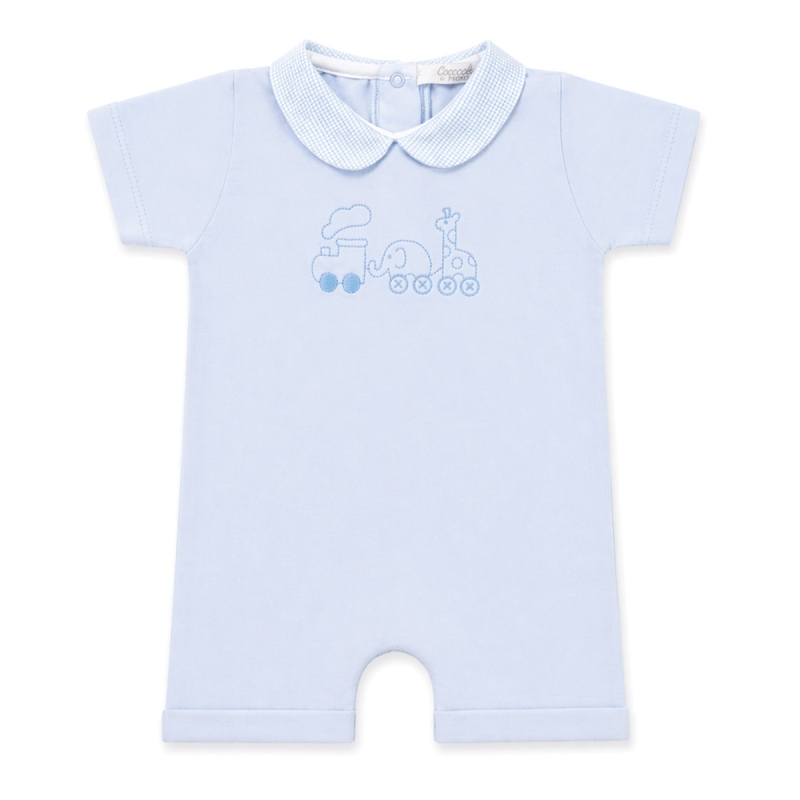 Pagliaccetto neonato cotone jersey con trenino ricamato e colletto