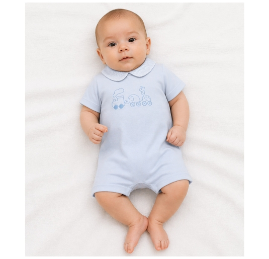 Baby romper cotton jersey with embroidered train and collar 2