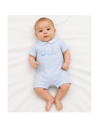 Pagliaccetto neonato cotone jersey azzurro con ricamo trenino frontale