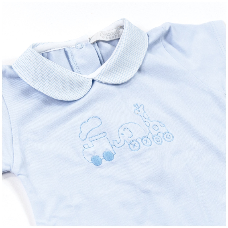 Baby romper cotton jersey blue with front train embroidery