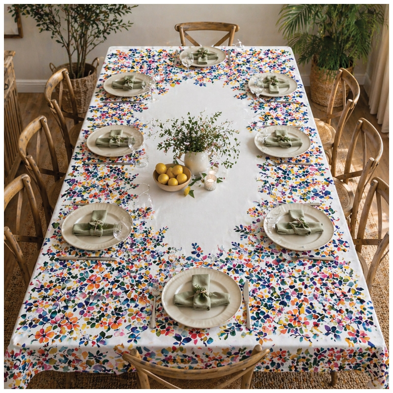 Tovaglia cotone foglie multicolor su tavolo apparecchiato | Corredoitaliano.com