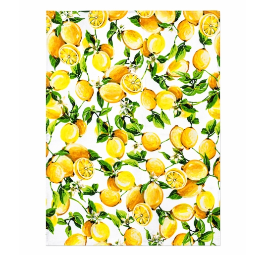 Lemon pattern kitchen towel displayed on a Mediterranean-style countertop 2
