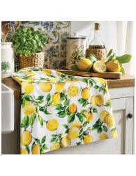 Asciugapiatti limoni appoggiato sul piano cucina in stile mediterraneo