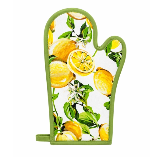 Lemon design oven glove on kitchen countertop in Mediterranean style setting with coordinated textiles 2