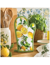 Lemon design oven glove on kitchen countertop in Mediterranean style setting with coordinated textiles