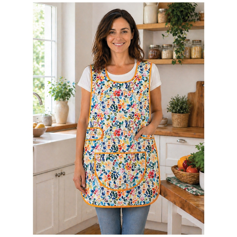 Apron worn in home kitchen while cooking coordinated kitchen textile setting