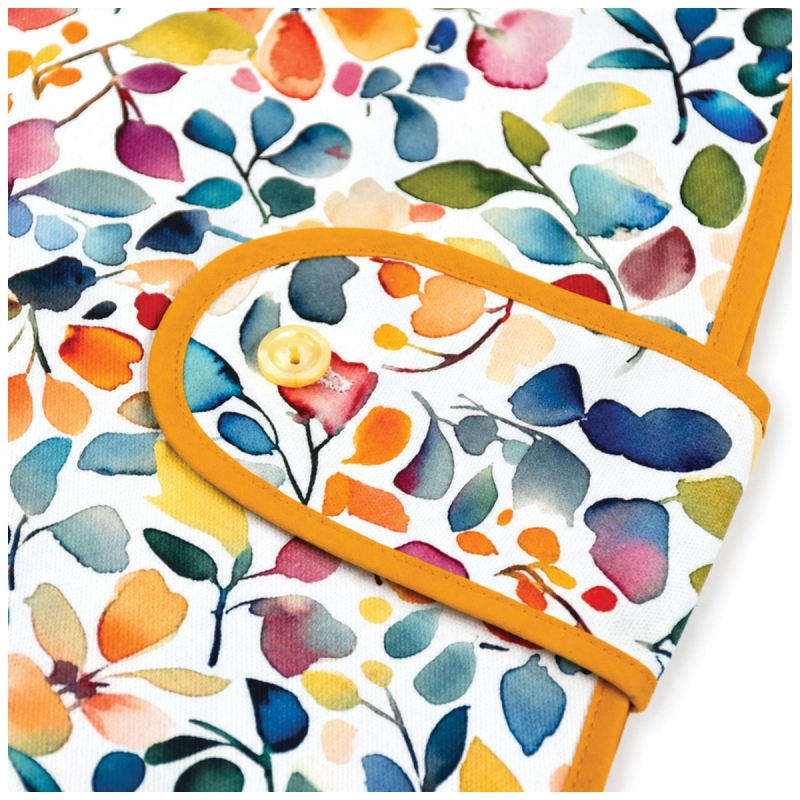 Close-up of multicolor leaf digital print on durable washable kitchen fabric