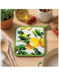 Potholder placed on kitchen countertop with cookware in a coordinated home setting