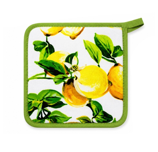 Potholder placed on kitchen countertop with cookware in a coordinated home setting 2