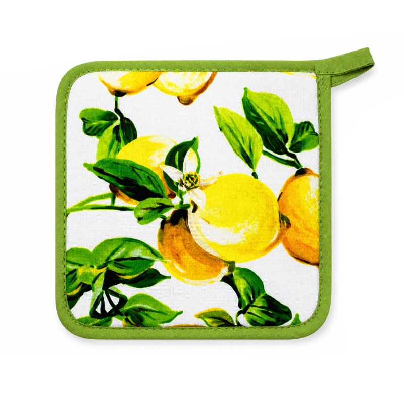 Presina cucina cotone limoni 15x15 con bordo verde e passante appendibile