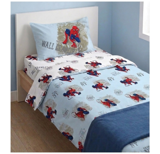 Letto singolo cameretta con lenzuola Marvel Spiderman coordinate ambiente bambino