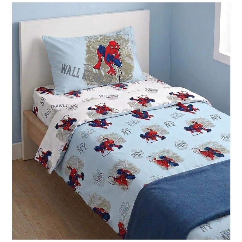Letto singolo cameretta con lenzuola Marvel Spiderman coordinate ambiente bambino