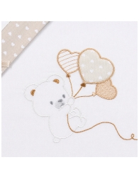 Close-up teddy bear balloon embroidery on soft natural baby fabric