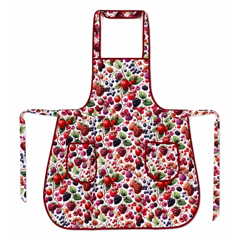 cotton kitchen apron with bib berry print and front pockets