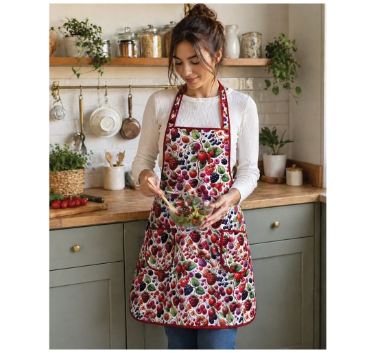 cotton kitchen apron with bib worn while cooking in home kitchen