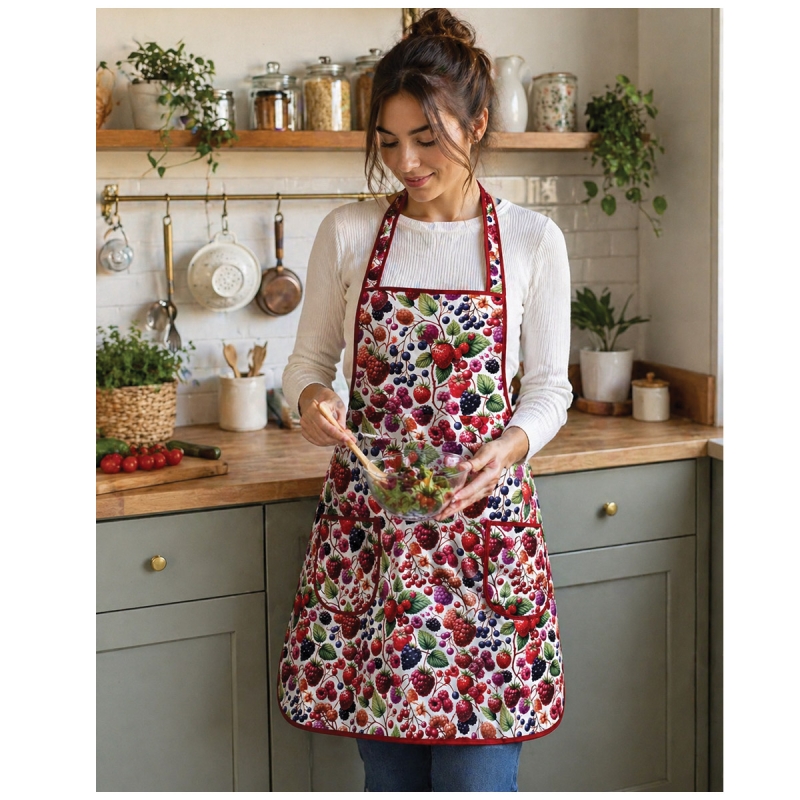 cotton kitchen apron with bib worn while cooking in home kitchen