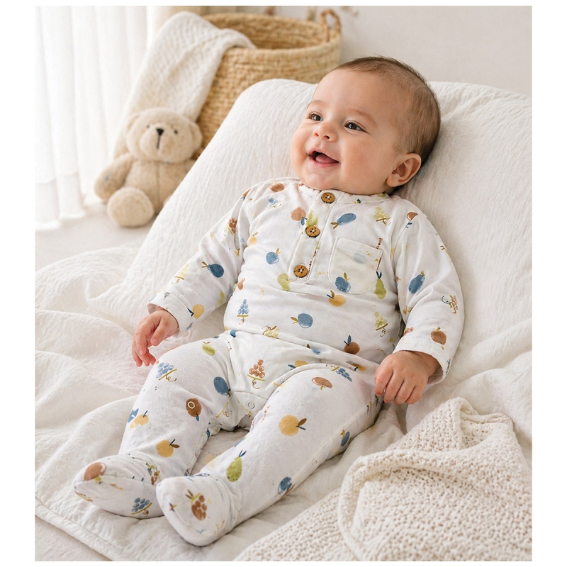 Baby at home wearing bamboo Fruttiny romper during daily rest time