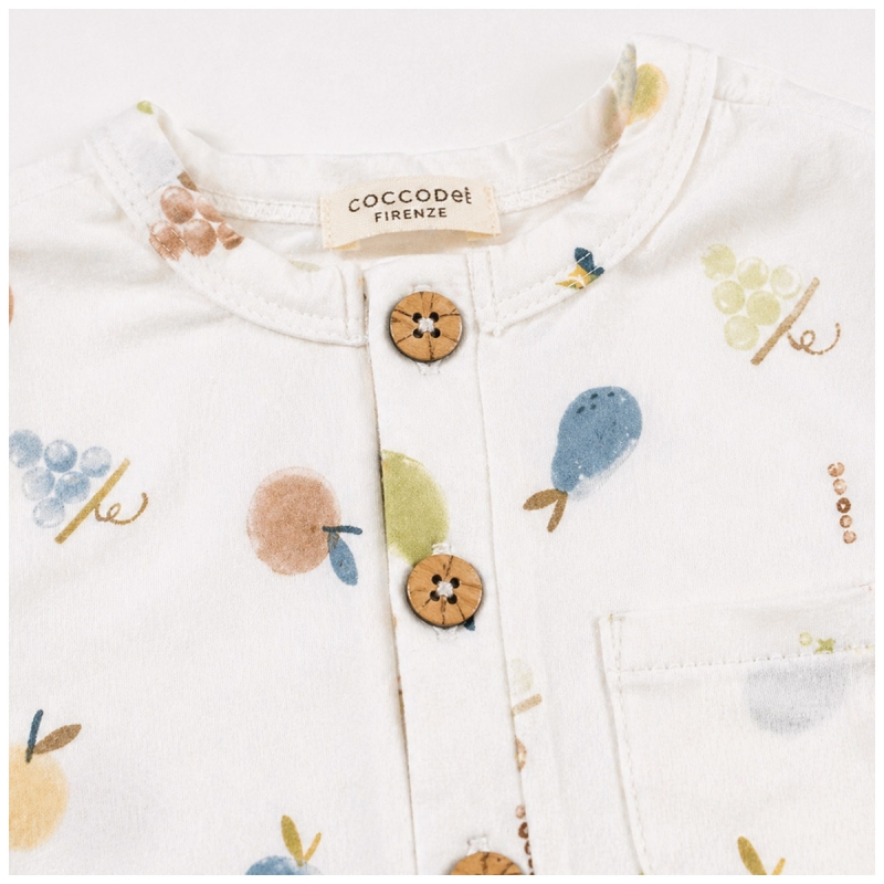 Close-up bamboo jersey fabric with Fruttiny print and flat seams detail